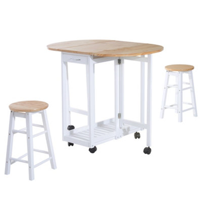 HOMCOM 3pc Wooden Kitchen Cart Trollet Table Folding Stools Space-saving