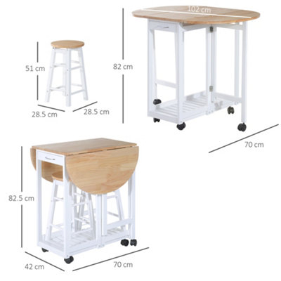 HOMCOM 3pc Wooden Kitchen Cart Trollet Table Folding Stools Space-saving
