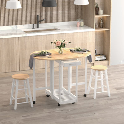 HOMCOM 3pc Wooden Kitchen Cart Trollet Table Folding Stools Space-saving