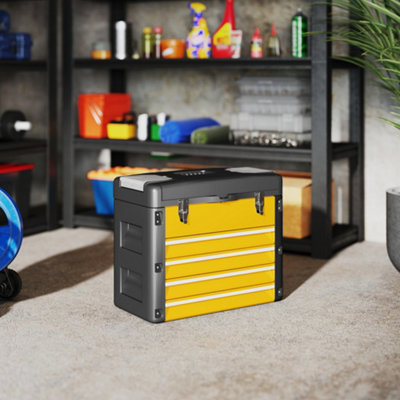 HOMCOM 4 Drawers Large Tool Box, Steel Toolbox with Handle, Yellow