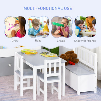 HOMCOM 4 Piece Set Kids Wood Table Chair Bench w Storage Function for 3 Years