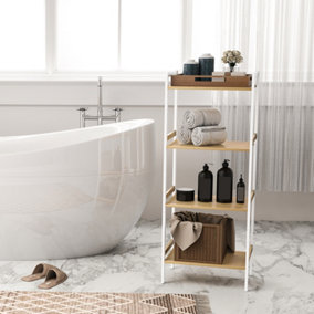 HOMCOM 4-Tier Bamboo Bathroom Shelf with Adjustable Rack, Natural, White