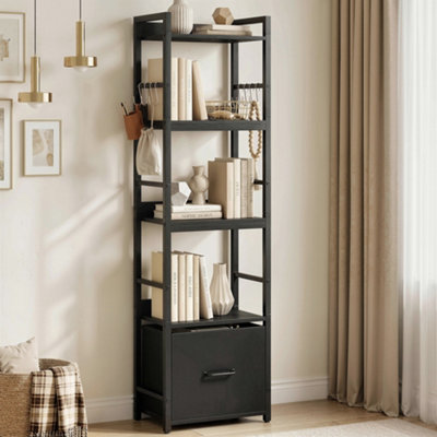 HOMCOM 4-Tier Bookshelf, Shelving Unit with Drawer, 8 Hooks, Black