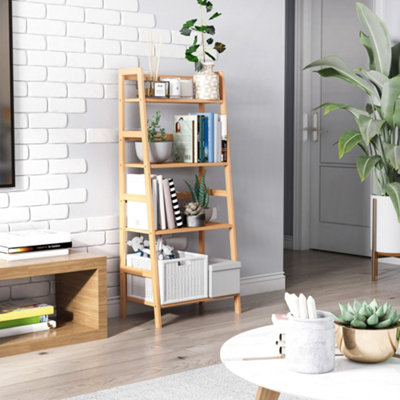 Leaning bookshelf store with storage