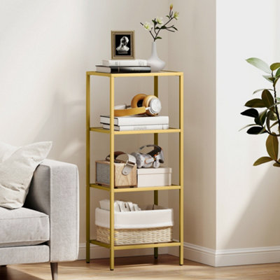 HOMCOM 4-Tier Shelving Unit Modern Glass Shelf Bookshelf for Home Gold Tone