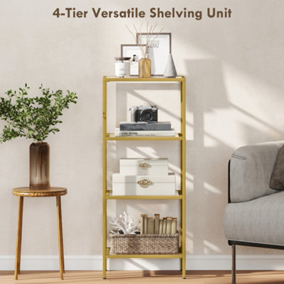 HOMCOM 4-Tier Shelving Unit Modern Glass Shelf Bookshelf for Home Gold Tone