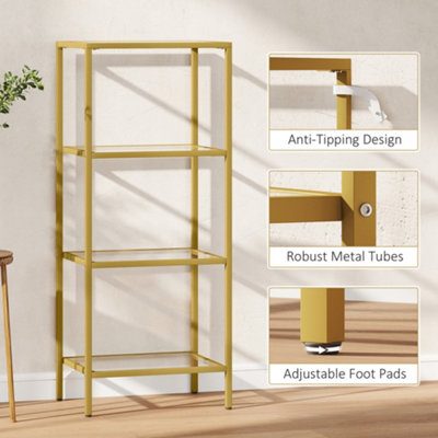 HOMCOM 4-Tier Shelving Unit Modern Glass Shelf Bookshelf for Home Gold Tone