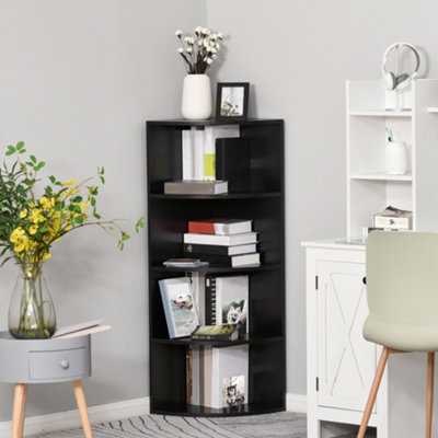 HOMCOM 4 Tier Wood Corner Shelf Unit Freestanding Fan Bookshelf Plants ...