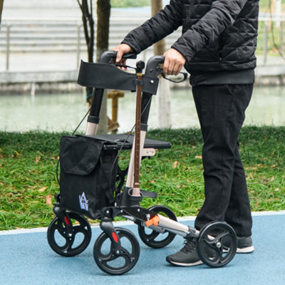 HOMCOM 4 Wheel Rollator Walker, Adjustable Mobility Walker with Bag,Gold Tone