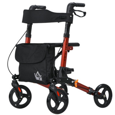 HOMCOM 4 Wheel Rollator Walker, Adjustable Mobility Walker with Bag, Red