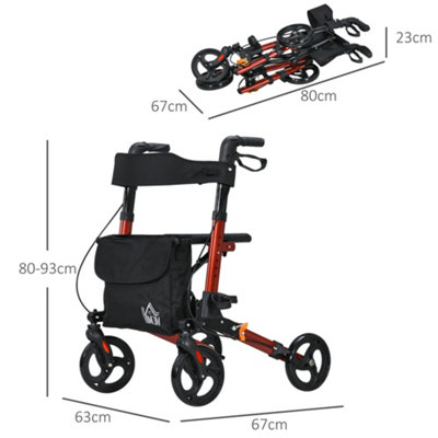 HOMCOM 4 Wheel Rollator Walker, Adjustable Mobility Walker with Bag, Red