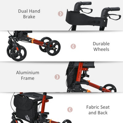 HOMCOM 4 Wheel Rollator Walker, Adjustable Mobility Walker with Bag, Red