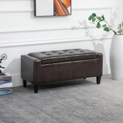 HOMCOM 40x90cm PU Leather Storage Ottoman Bench Wood Frame w/ Tufting Feet Brown