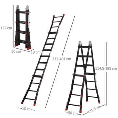 HOMCOM 4M Aluminium Duo Ladder Telescopic Herringbone Changeable Multi-Purpose Non-Slip Steps Climbing DIY Platform