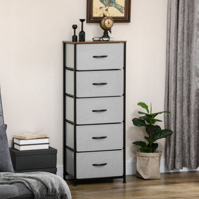HOMCOM 5 Drawer Fabric Chest of Drawers w/ Wooden Top for Hallway Grey