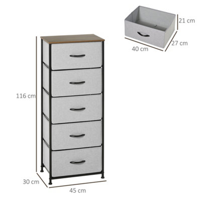 HOMCOM 5 Drawer Fabric Chest of Drawers w/ Wooden Top for Hallway Grey