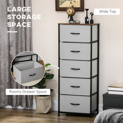 HOMCOM 5 Drawer Fabric Chest of Drawers w/ Wooden Top for Hallway Grey