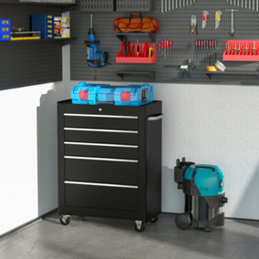 HOMCOM 5-Drawer Lockable Steel Tool Storage Cabinet w/ Wheels Handle Organisation Box Unit Chest Garage DIY Workshop Trolley