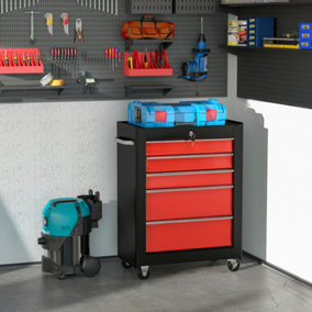 HOMCOM 5-Drawer Lockable Steel Tool Storage Cabinet Wheels Handle 2 Keys Red