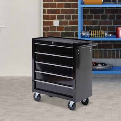 HOMCOM 5-Drawer Tool Chest Steel Lockable Tool Storage Cabinet w/ Wheels Black