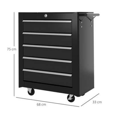 HOMCOM 5-Drawer Tool Chest Steel Lockable Tool Storage Cabinet w/ Wheels Black