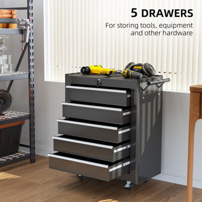 HOMCOM 5-Drawer Tool Chest Steel Lockable Tool Storage Cabinet w/ Wheels Black