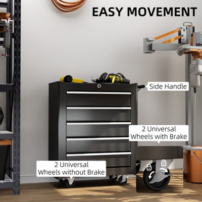HOMCOM 5-Drawer Tool Chest Steel Lockable Tool Storage Cabinet w/ Wheels Black