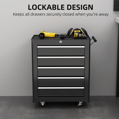 HOMCOM 5-Drawer Tool Chest Steel Lockable Tool Storage Cabinet w/ Wheels Black