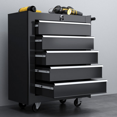 HOMCOM 5-Drawer Tool Chest Steel Lockable Tool Storage Cabinet w/ Wheels Black