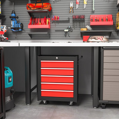 HOMCOM 5-Drawer Tool Chest Steel Lockable Tool Storage Cabinet w/ Wheels Red