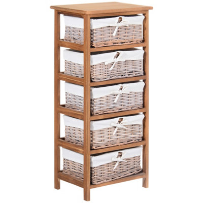 HOMCOM 5 Drawer Wicker Basket Storage Shelf Unit Wooden Frame Home Natural