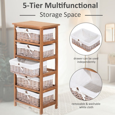 HOMCOM 5 Drawer Wicker Basket Storage Shelf Unit Wooden Frame Home Natural