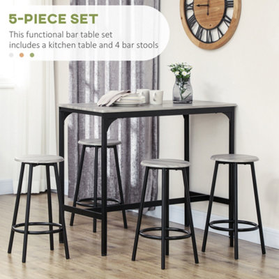 HOMCOM 5 Piece Bar Table and Stools Set with Metal Frame Grey