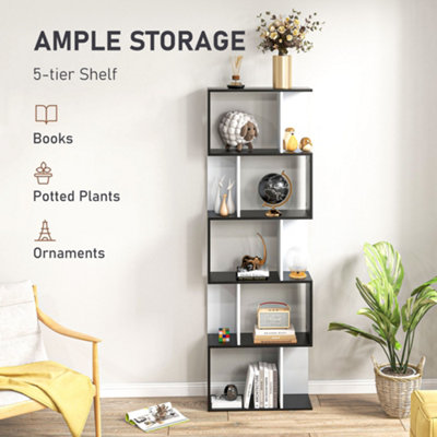 HOMCOM 5 Tier Bookcase Storage Display Shelving S Shape Unit Divider Particle Wood Effect And White