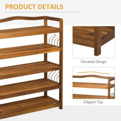 HOMCOM 5-Tier Shoe Rack Acacia Wood Shoe Storage Shelf for Entryway Bedroom Teak - 5