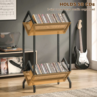 HOMCOM 50 CD Storage Rack, 2-Tier Metal Display Rack for CDs, DVDs, Black