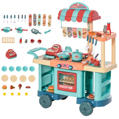 HOMCOM 50 Pcs Kids Kitchen Play set Pretend Trolley Cart Toys for Age 3-6