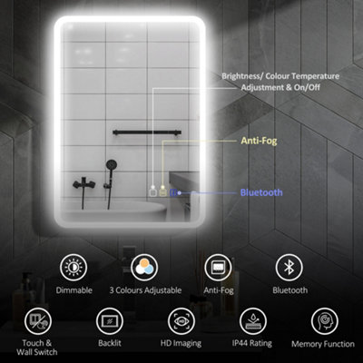 HOMCOM 500 x 700 mm Bluetooth Bathroom Mirror with LED Lights Wall Mounted