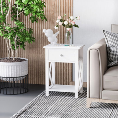 HOMCOM 55cm End Side Table w/ Drawer Shelf Home Storage Furniture White