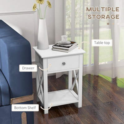 HOMCOM 55cm End Side Table w/ Drawer Shelf Home Storage Furniture White
