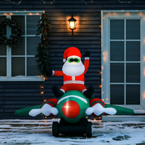 HOMCOM 5ft Christmas Inflatable Santa Claus On Plane, Blow Up Outdoor Decoration with Built-in LED Lights for Holiday Party Garden