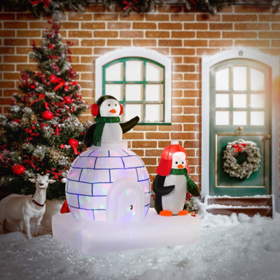 HOMCOM 5ft Christmas Inflatable Two Penguins Wearing a Scarf with Ice House Blow Up Decor Built-in LED Lights Outdoor Toys