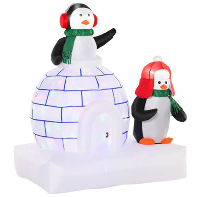 HOMCOM 5ft Christmas Inflatable Two Penguins Wearing a Scarf with Ice House Blow Up Decor Built-in LED Lights Outdoor Toys