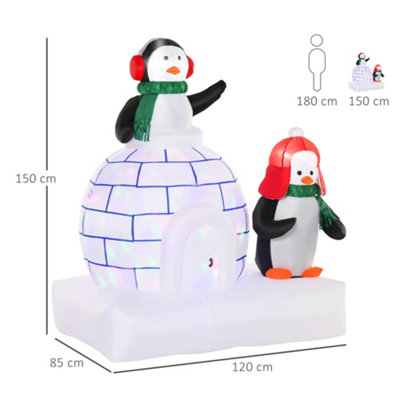 HOMCOM 5ft Christmas Inflatable Two Penguins Wearing a Scarf with Ice House Blow Up Decor Built-in LED Lights Outdoor Toys - 3