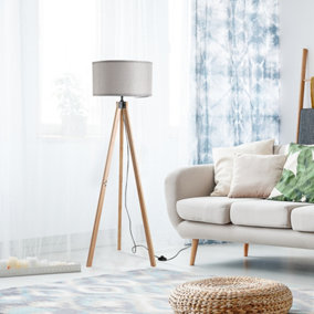 HOMCOM 5FT Elegant Wood Tripod Floor Lamp Free Standing E27 Bulb Lamp Versatile Use For Home Office - Grey
