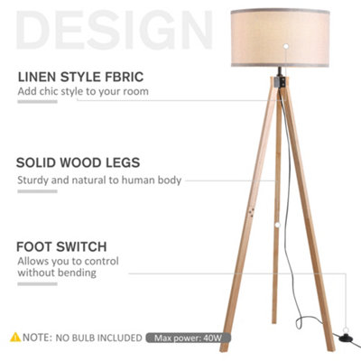 HOMCOM 5FT Elegant Wood Tripod Floor Lamp Free Standing E27 Bulb Lamp Versatile Use For Home Office - Grey - 6