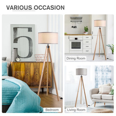 HOMCOM 5FT Elegant Wood Tripod Floor Lamp Free Standing E27 Bulb Lamp Versatile Use For Home Office - Grey - 7