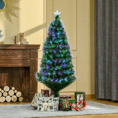 HOMCOM 5FT Multicoloured Artificial Christmas Tree w/ Fibre Optic Lights Pre-Lit Modes Metal Stand Star Holder Home Seasonal