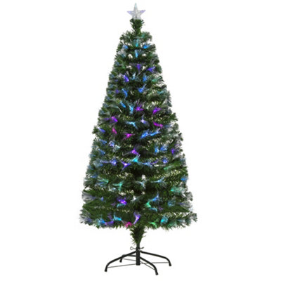 HOMCOM 5FT Multicoloured Artificial Christmas Tree w/ Fibre Optic Lights Pre-Lit Modes Metal Stand Star Holder Home Seasonal