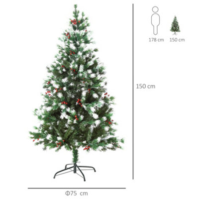 HOMCOM 5ft Snow-Dipped Artificial Christmas Tree w/ Red Berries Metal Base Home Season Decoration Holiday Elegant Traditional